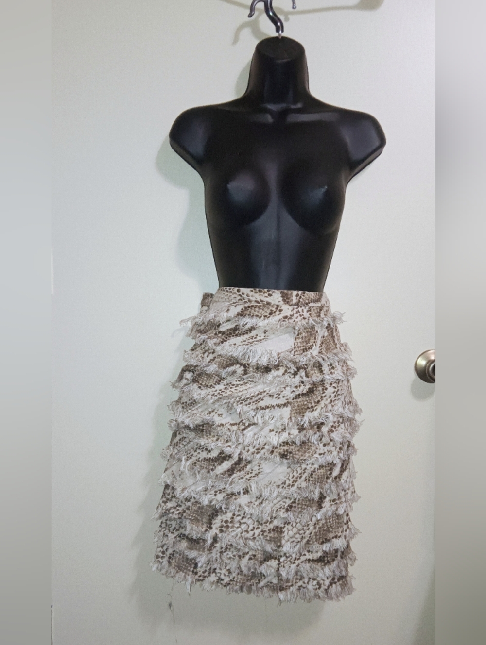 Worth Snake-Print Fringe Pencil Skirt in Cream and Brown